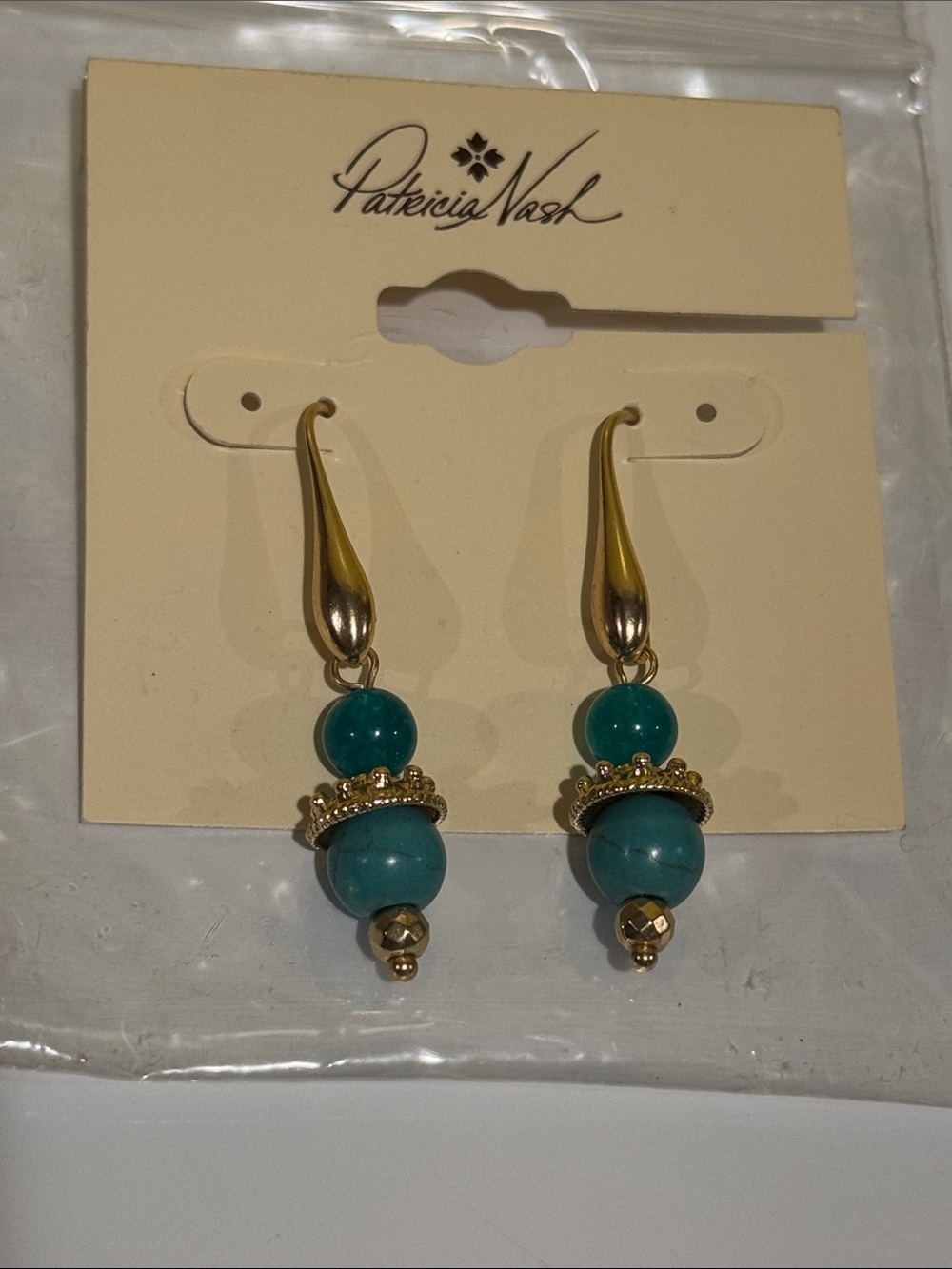 Patricia Nash Gold Drop Earrings with Teal Beads